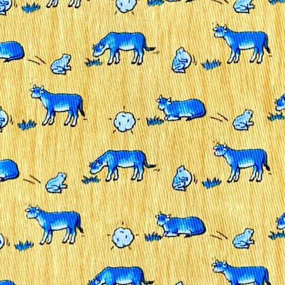 il_fullxfull.6209274007_houq.jpg 100% AUTHENTIC Hermes Tie - YELLOW with Whimsical Blue Cows & Green Frogs XL